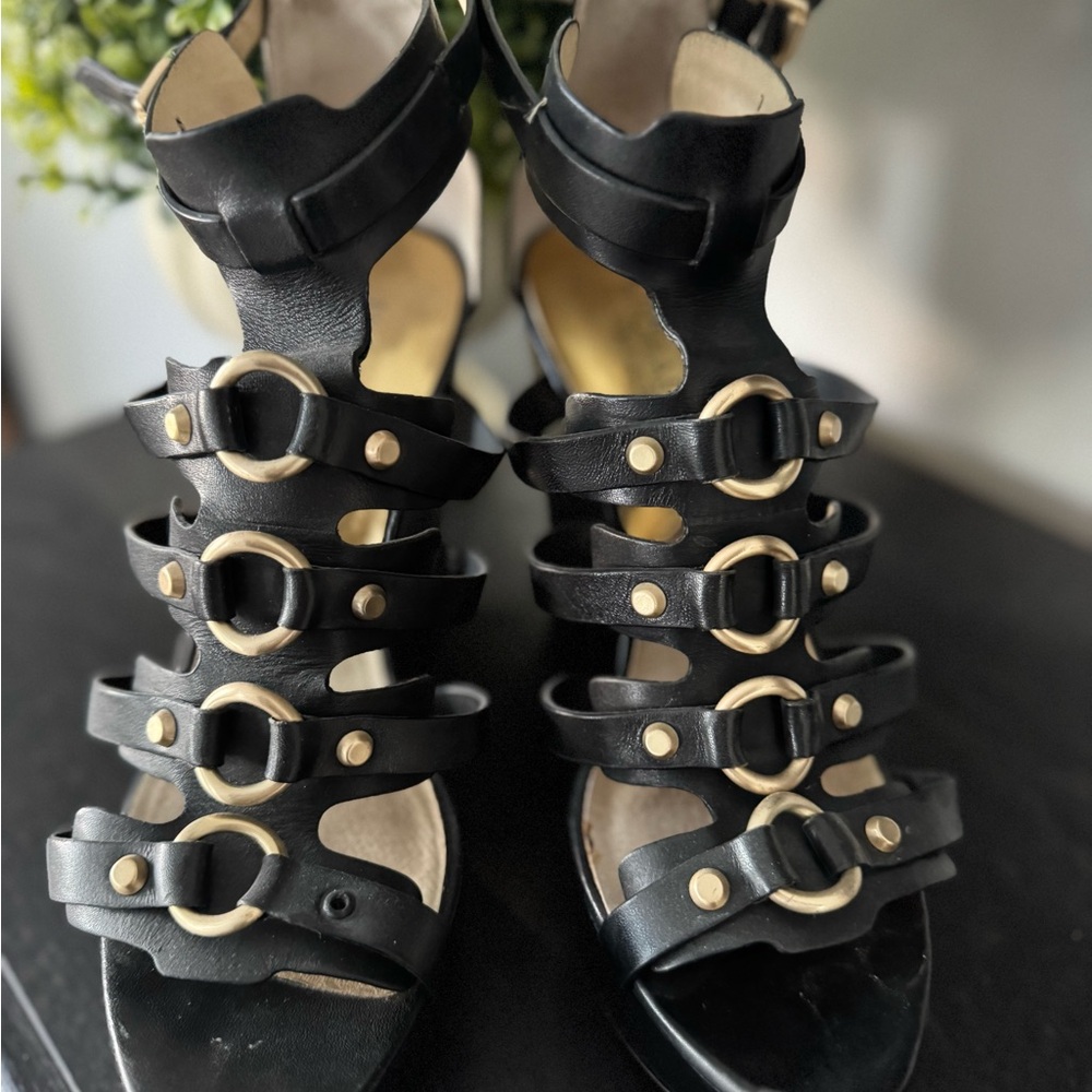 Michael Kors Black Gladiator Wedge Sandals with Gold Accents (Size 9) - Picture 2 of 3